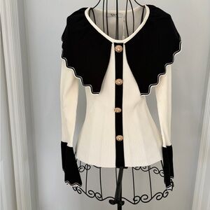 ELSA Black and Cream Ribbed V-Neck Sweater with Decorative Gold Buttons